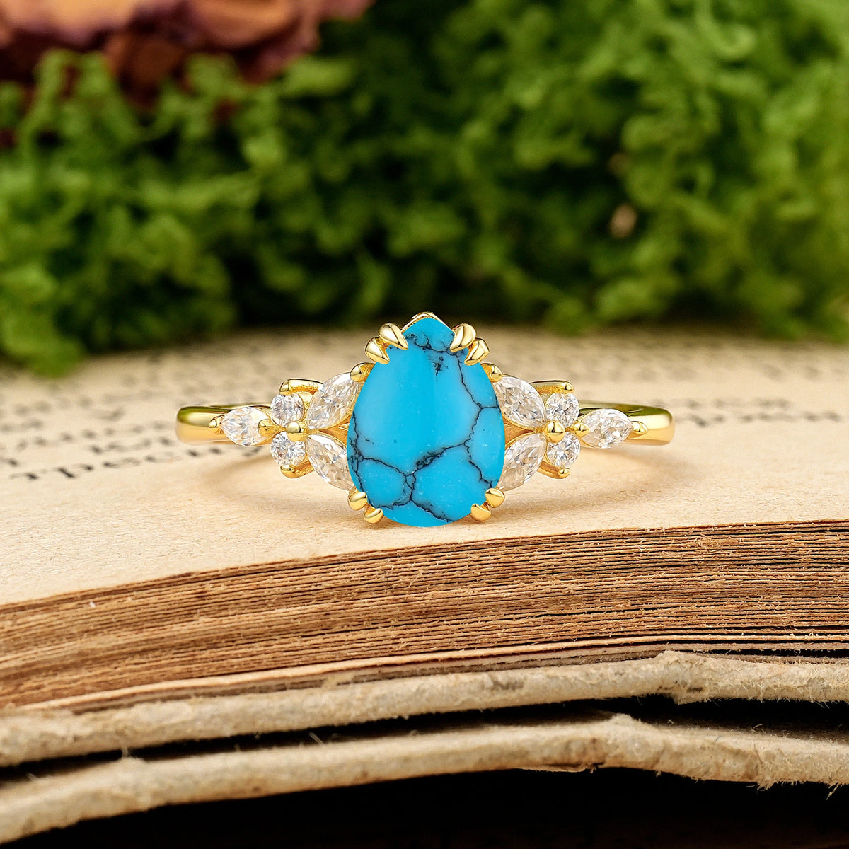 Pear Cut Turquoise Three Stone Cluster Engagement Ring