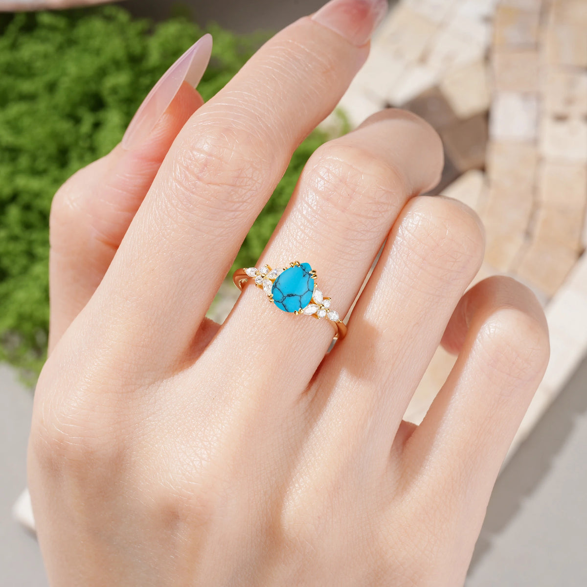 Pear Cut Turquoise Three Stone Cluster Engagement Ring