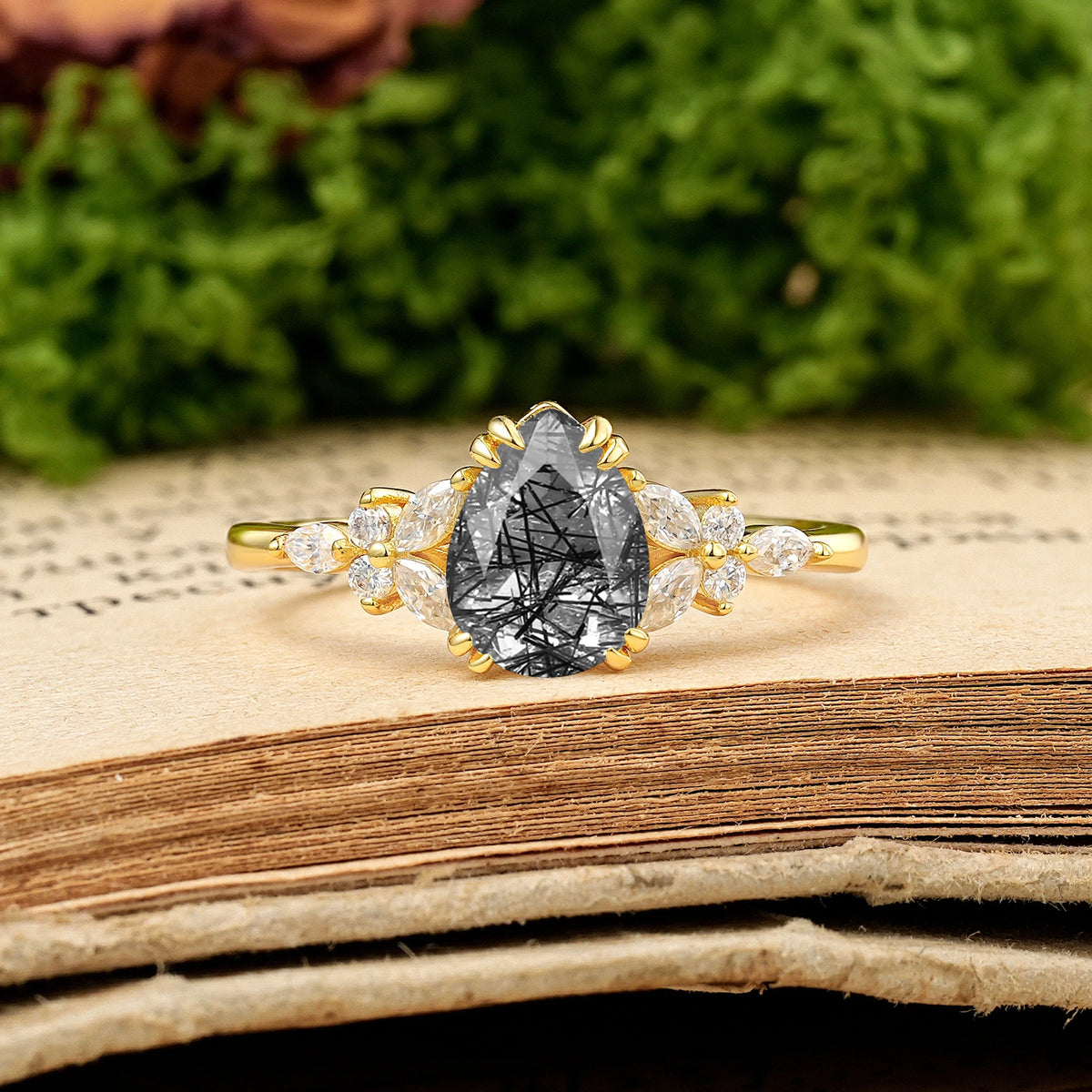 Pear Cut Black Rutilated Quartz Three Stone Cluster Engagement Ring