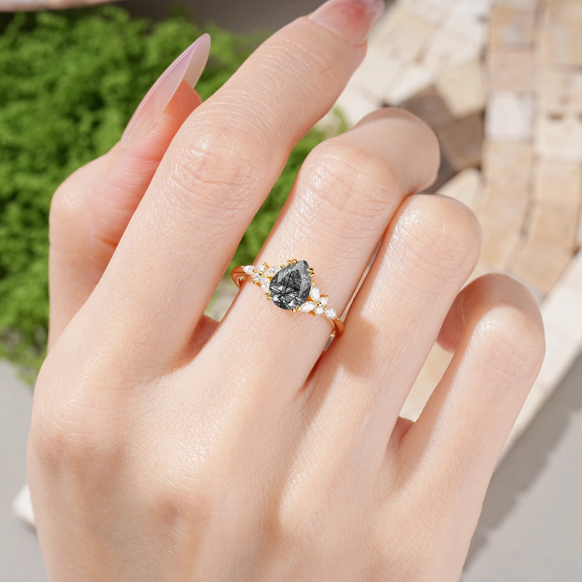 Pear Cut Black Rutilated Quartz Three Stone Cluster Engagement Ring