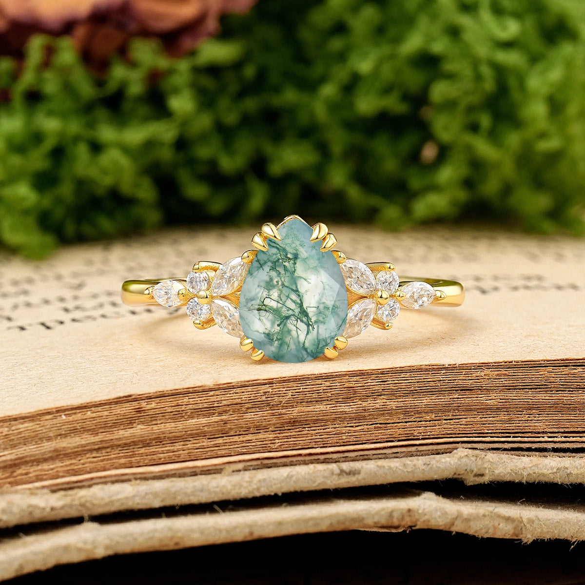 Pear Cut Moss Agate Three Stone Cluster Engagement Ring