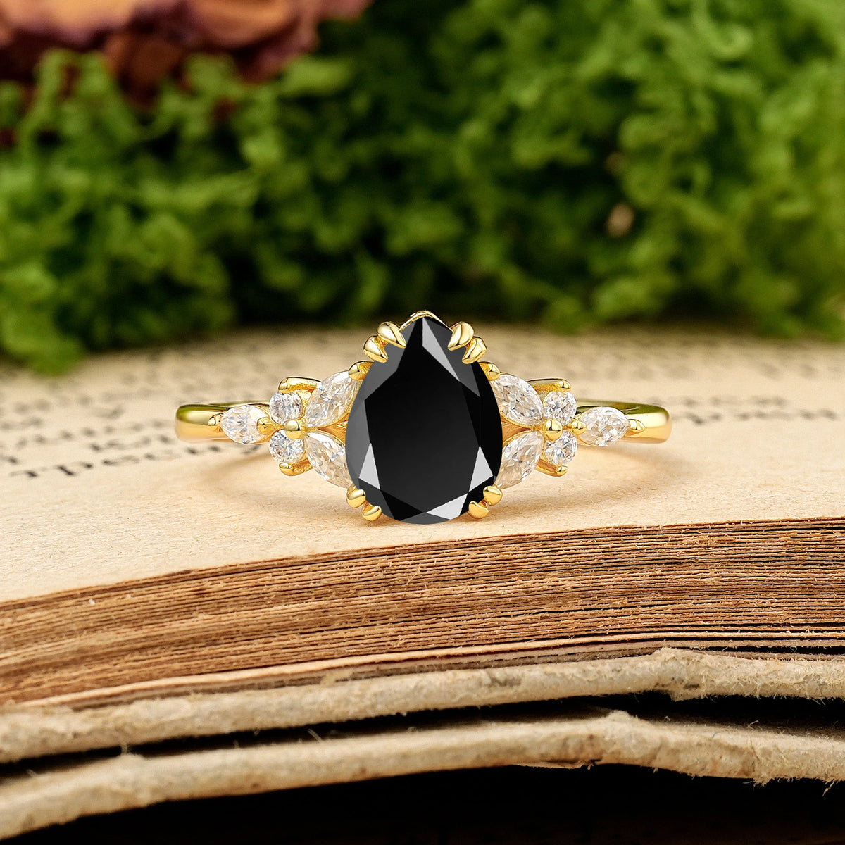 Pear Cut Black Onyx Three Stone Cluster Engagement Ring