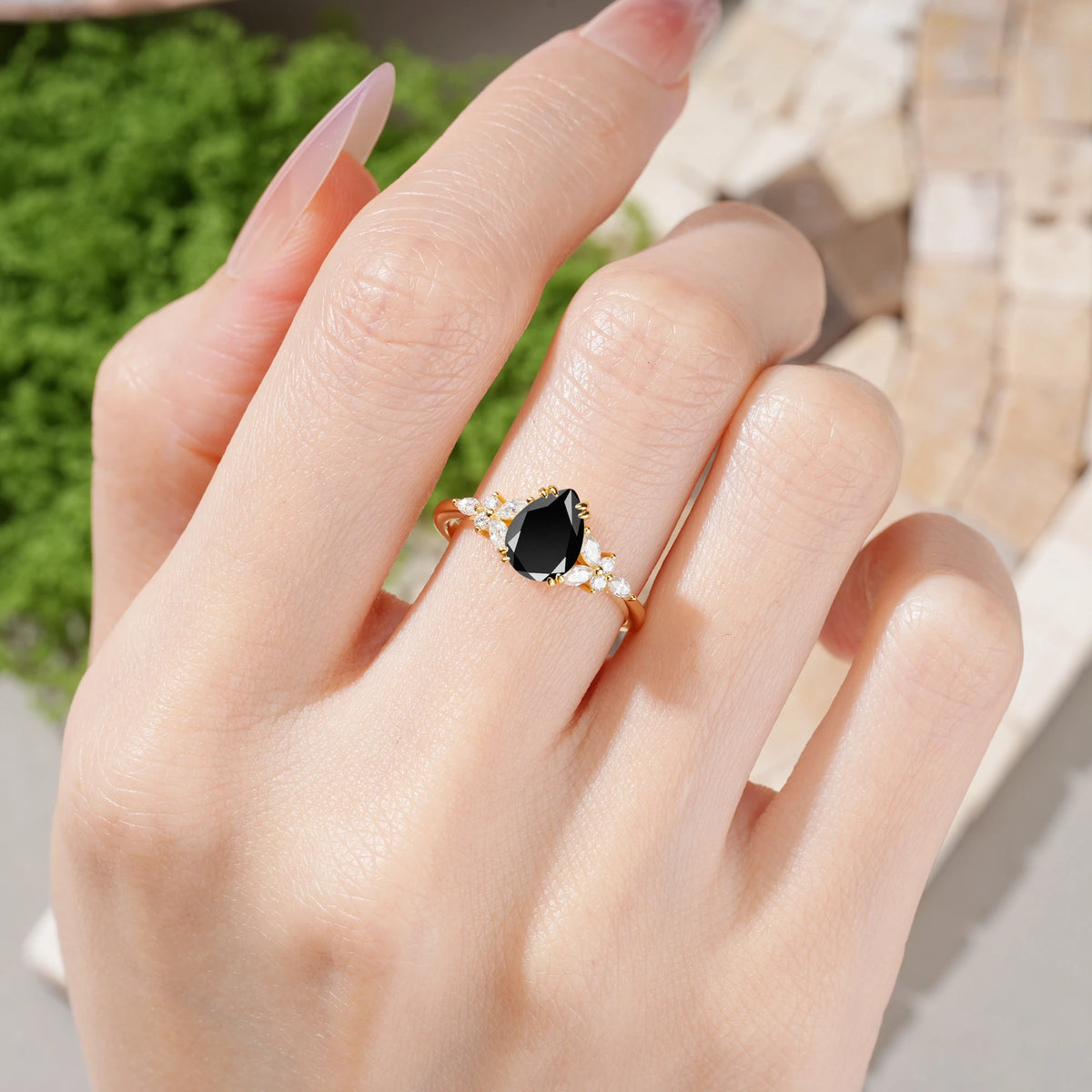 Pear Cut Black Onyx Three Stone Cluster Engagement Ring