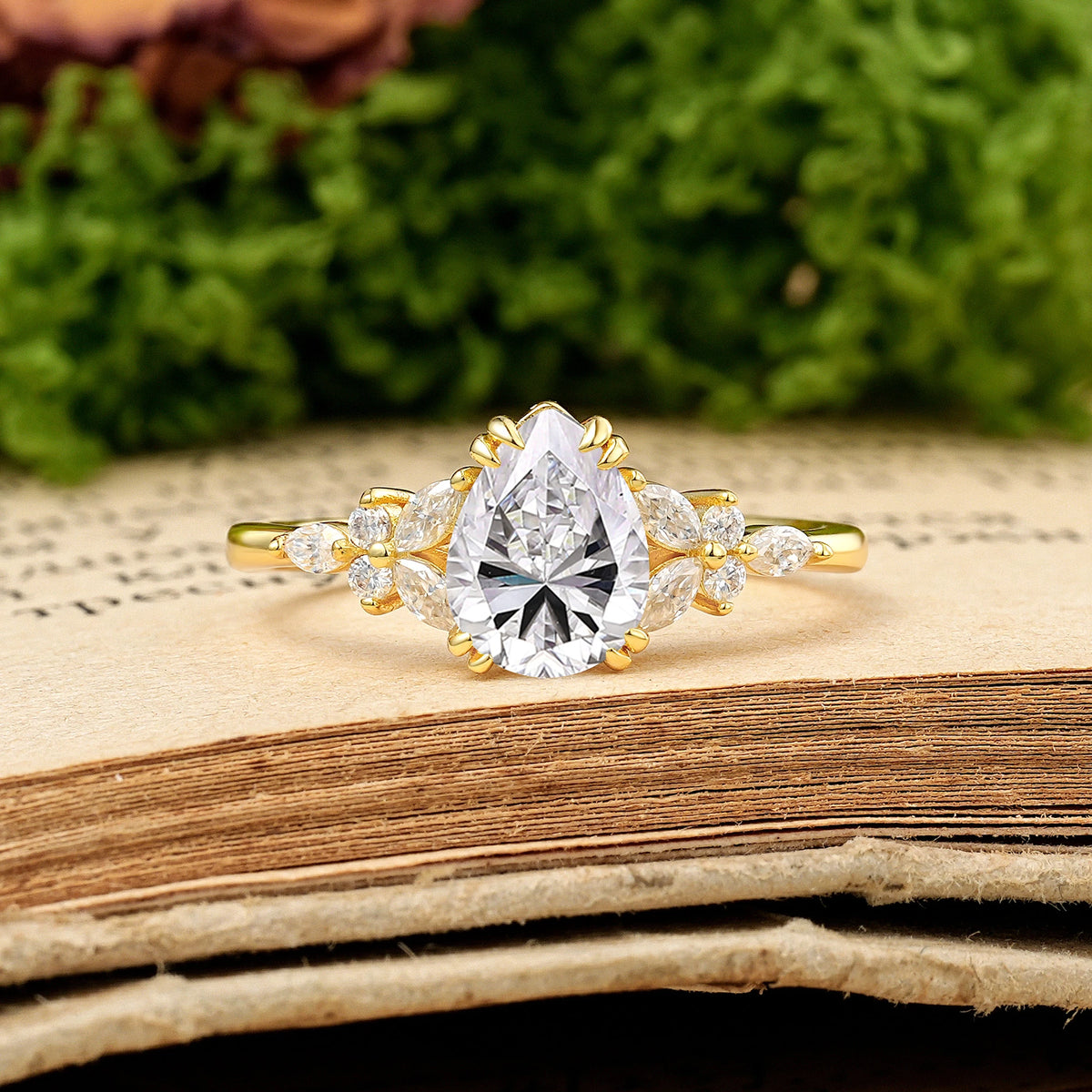 Pear Cut Lab Diamond Three Stone Cluster Engagement Ring