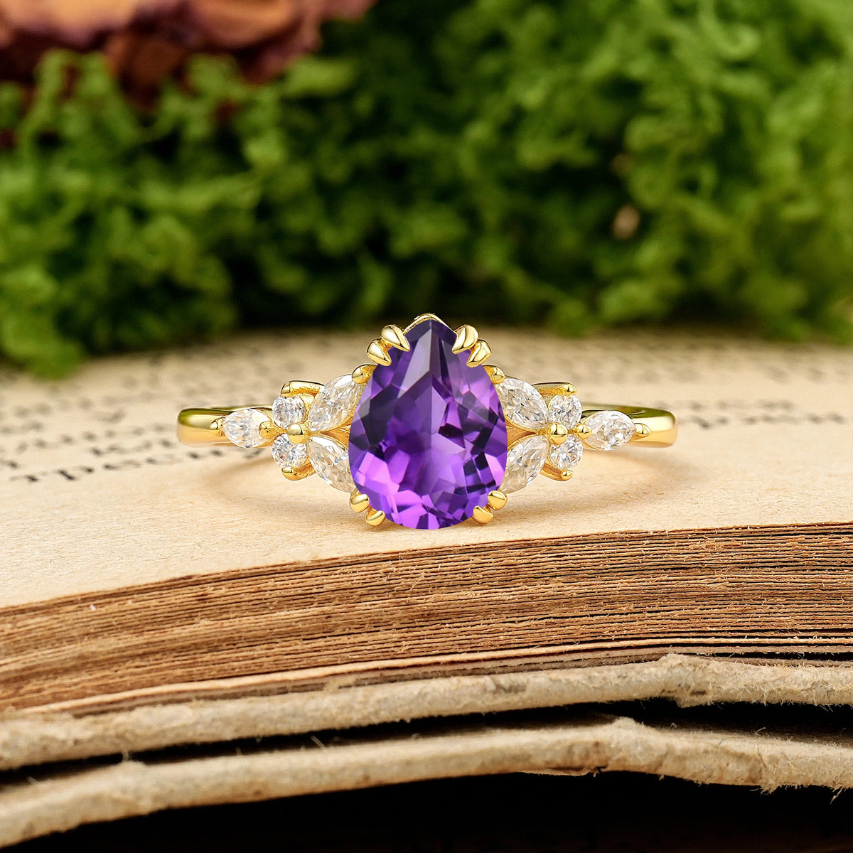 Pear Cut Amethyst Three Stone Cluster Engagement Ring