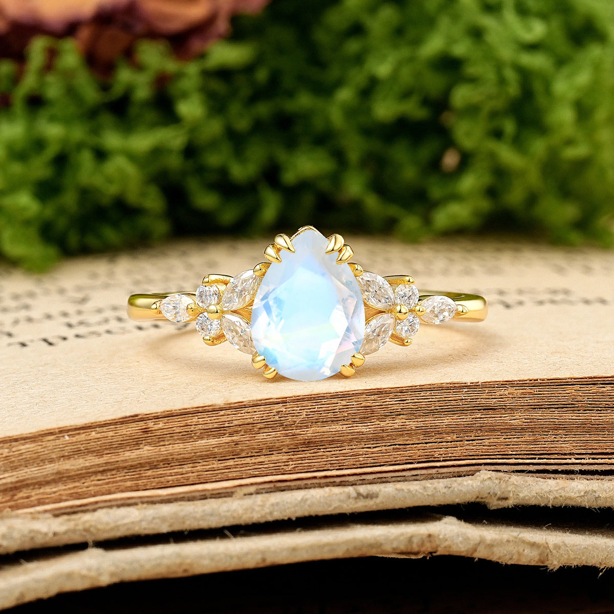 Pear Cut Moonstone Three Stone Cluster Engagement Ring