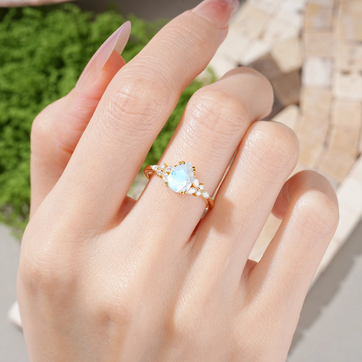 Pear Cut Moonstone Three Stone Cluster Engagement Ring
