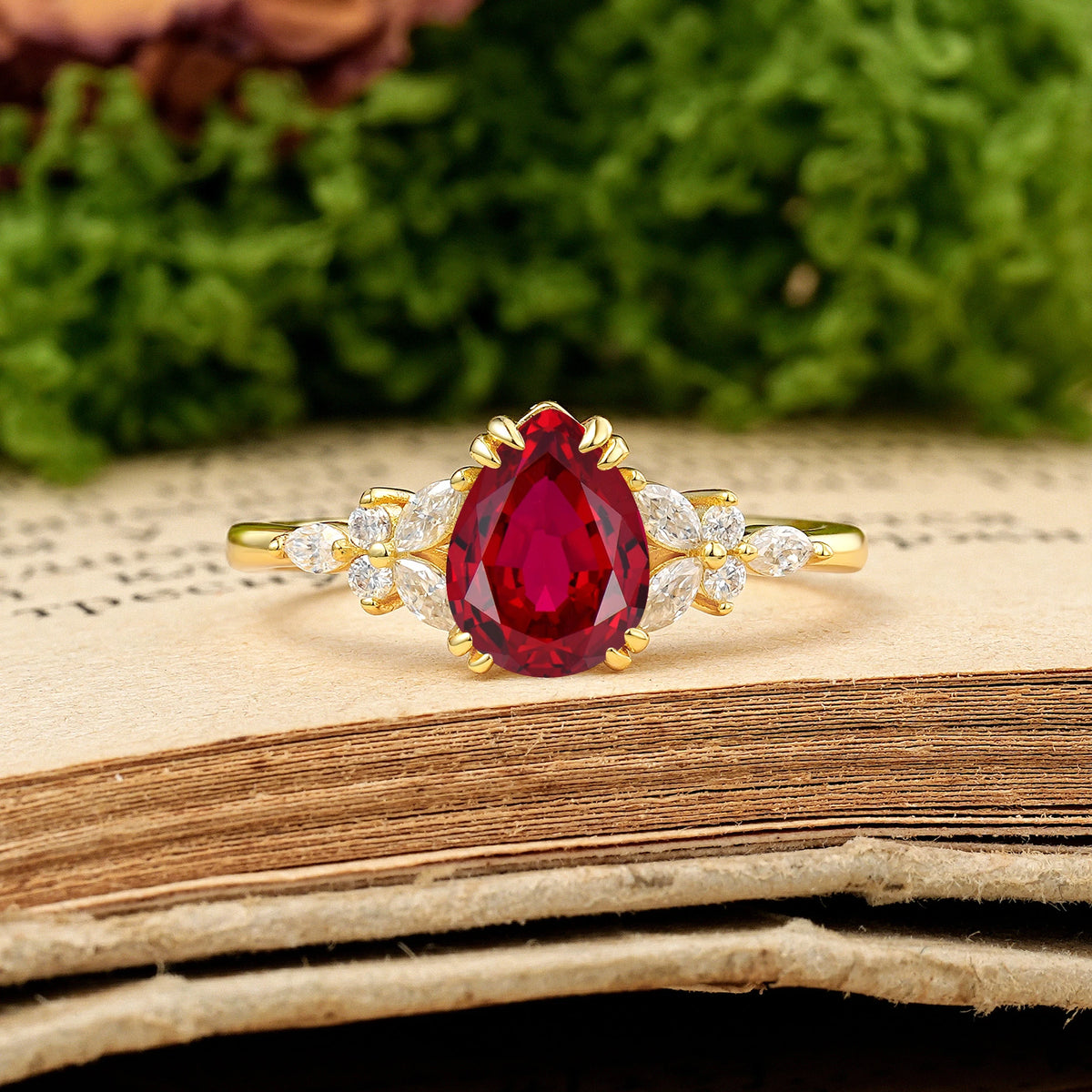 Pear Cut Ruby Three Stone Cluster Engagement Ring