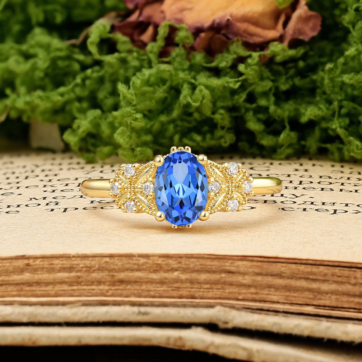 Oval Cut Sapphire Milgrain Butterfly Engagement Ring