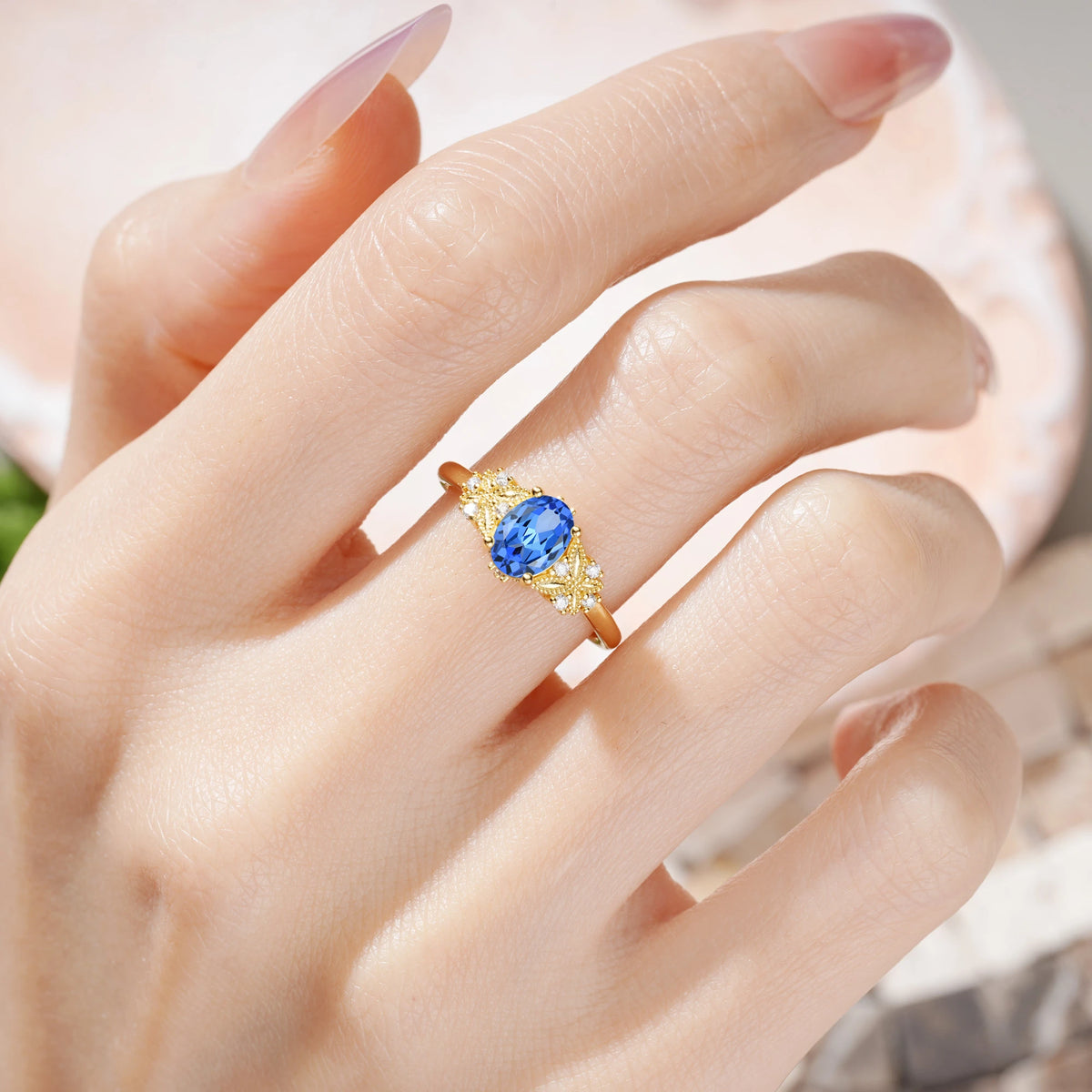 Oval Cut Sapphire Milgrain Butterfly Engagement Ring