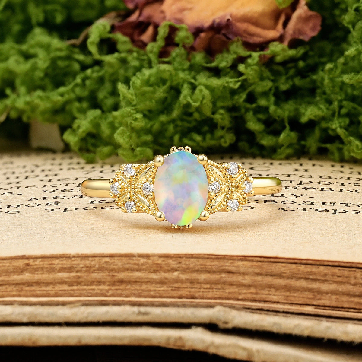Oval Cut Fire Opal Milgrain Butterfly Engagement Ring