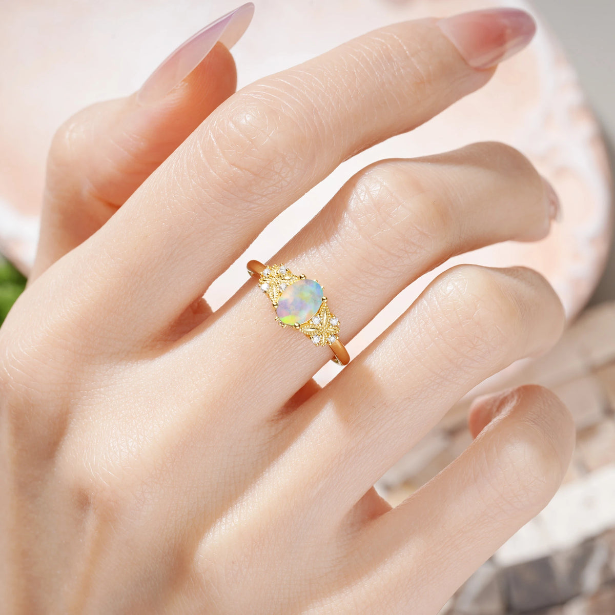 Oval Cut Fire Opal Milgrain Butterfly Engagement Ring