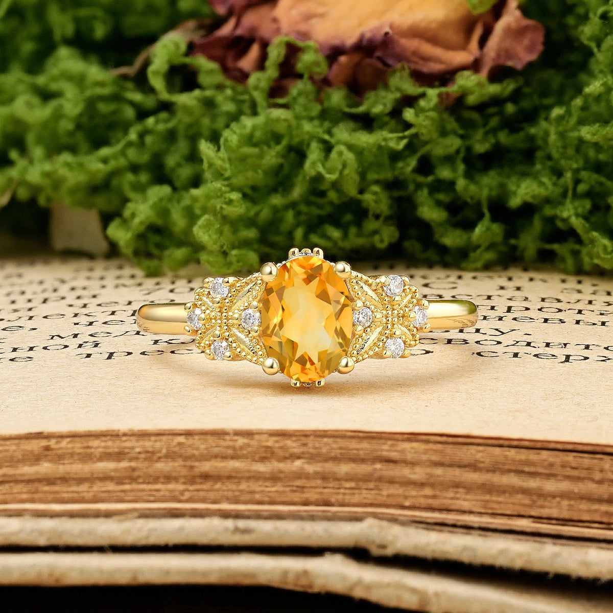 Oval Cut Citrine Milgrain Butterfly Engagement Ring