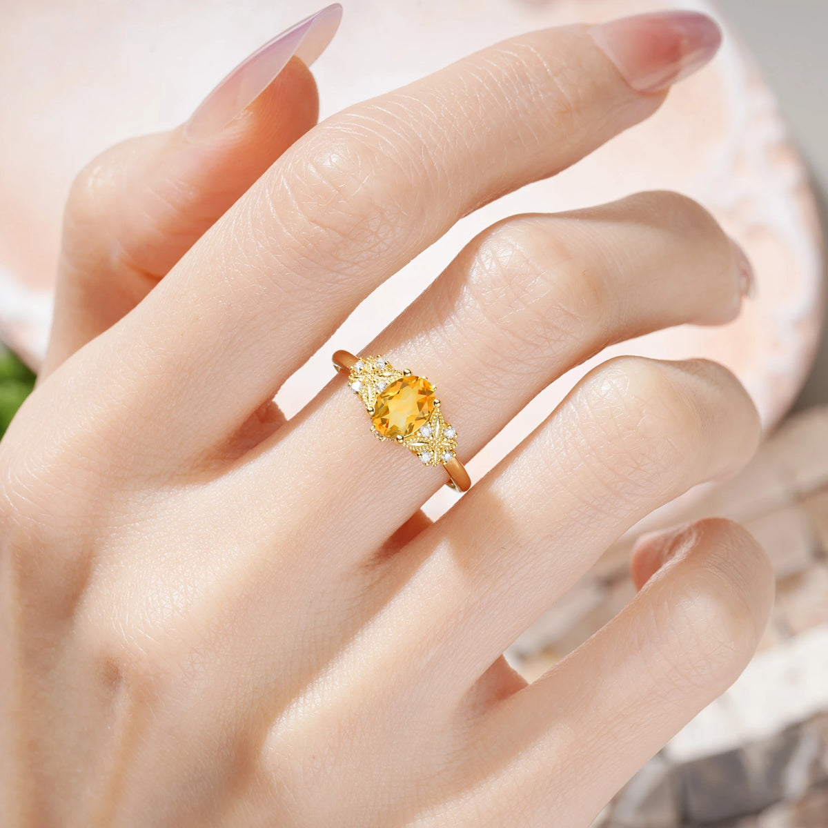Oval Cut Citrine Milgrain Butterfly Engagement Ring