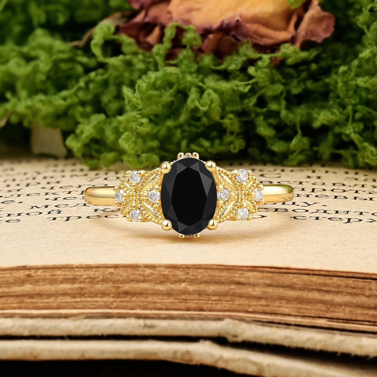 Oval Cut Black Onyx Milgrain Butterfly Engagement Ring