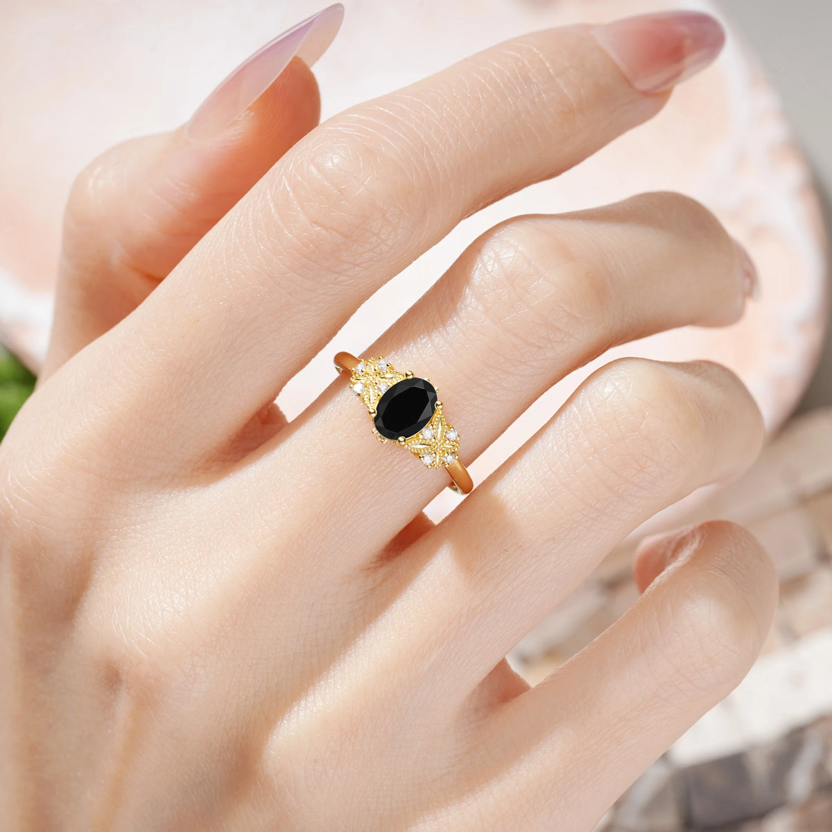 Oval Cut Black Onyx Milgrain Butterfly Engagement Ring