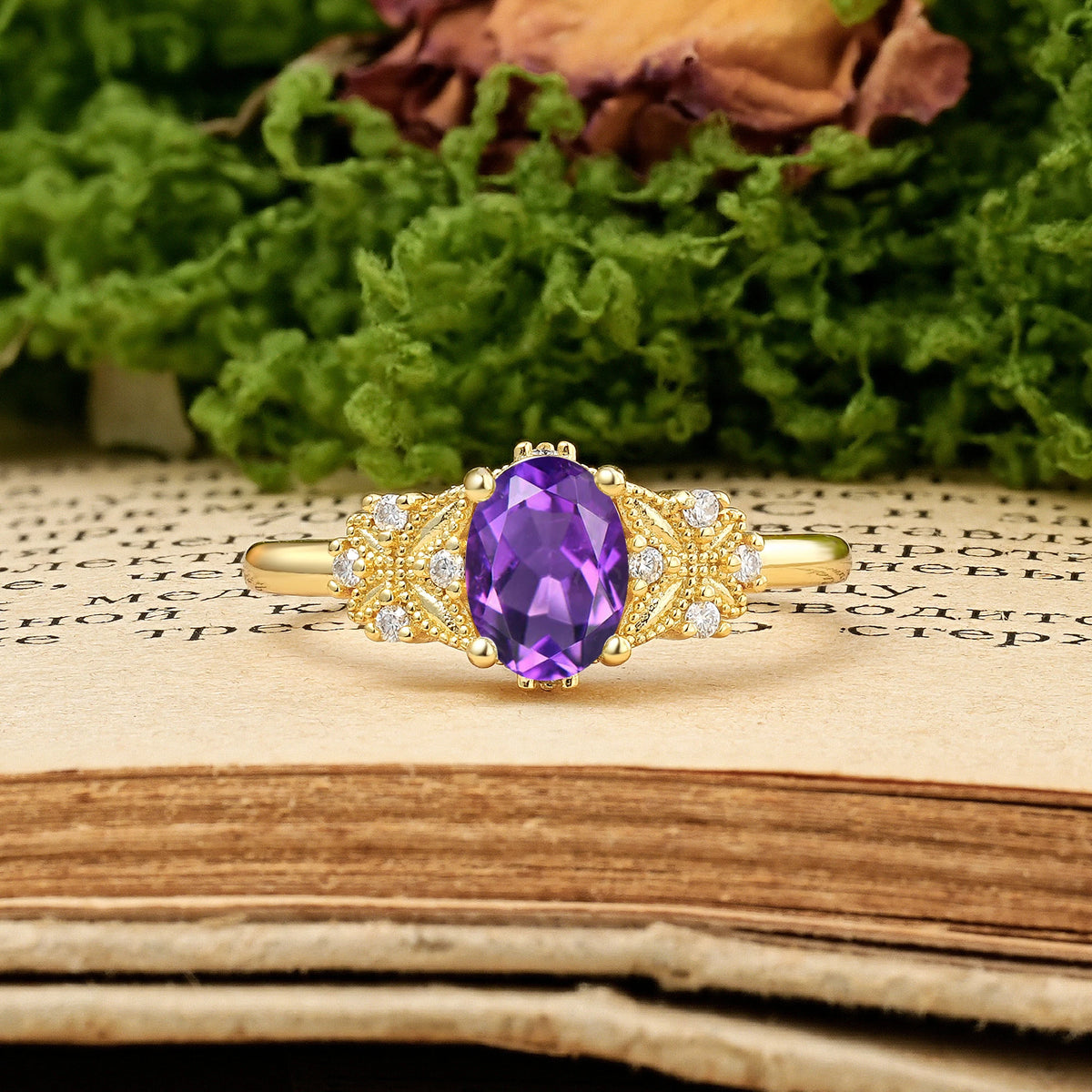 Oval Cut Amethyst Milgrain Butterfly Engagement Ring