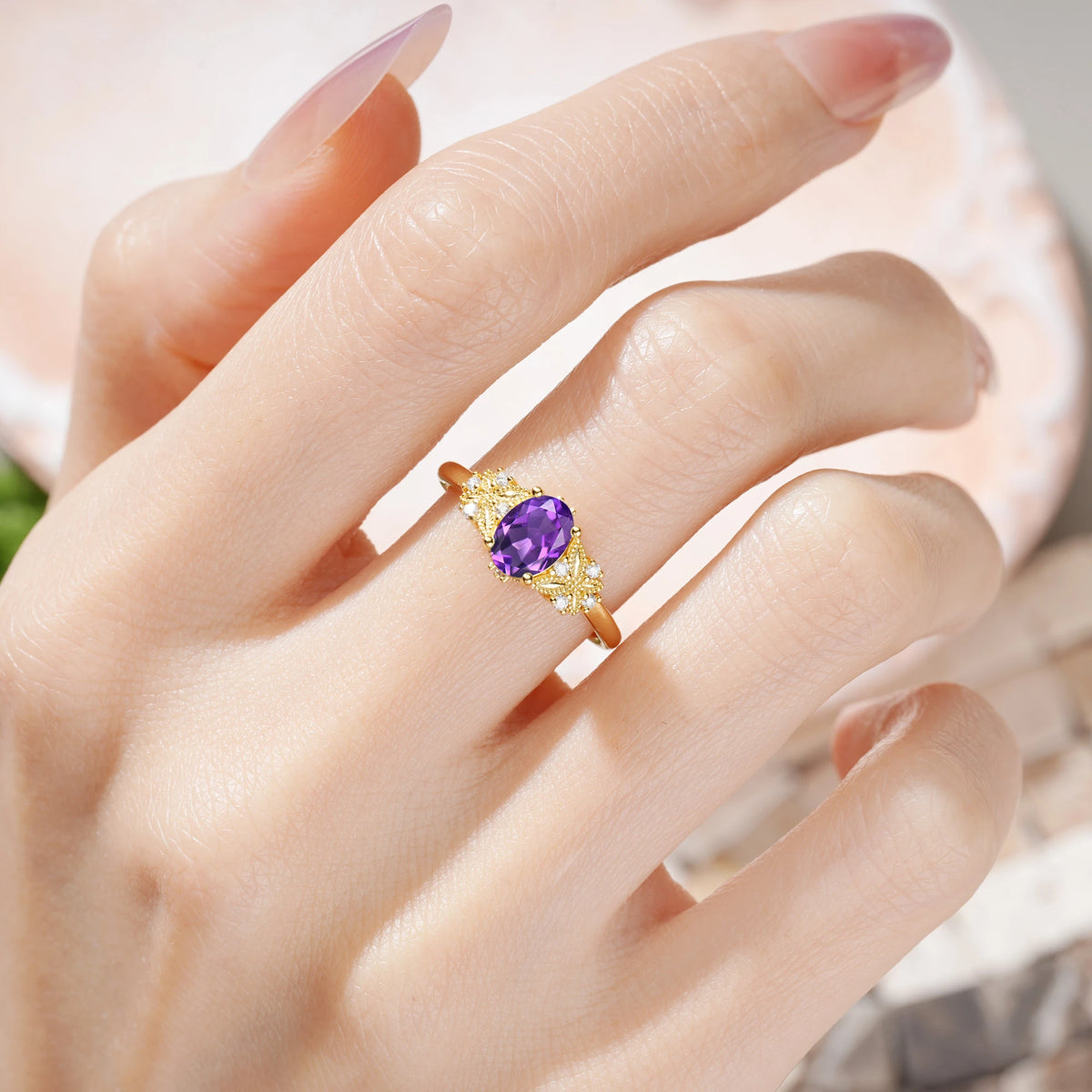 Oval Cut Amethyst Milgrain Butterfly Engagement Ring