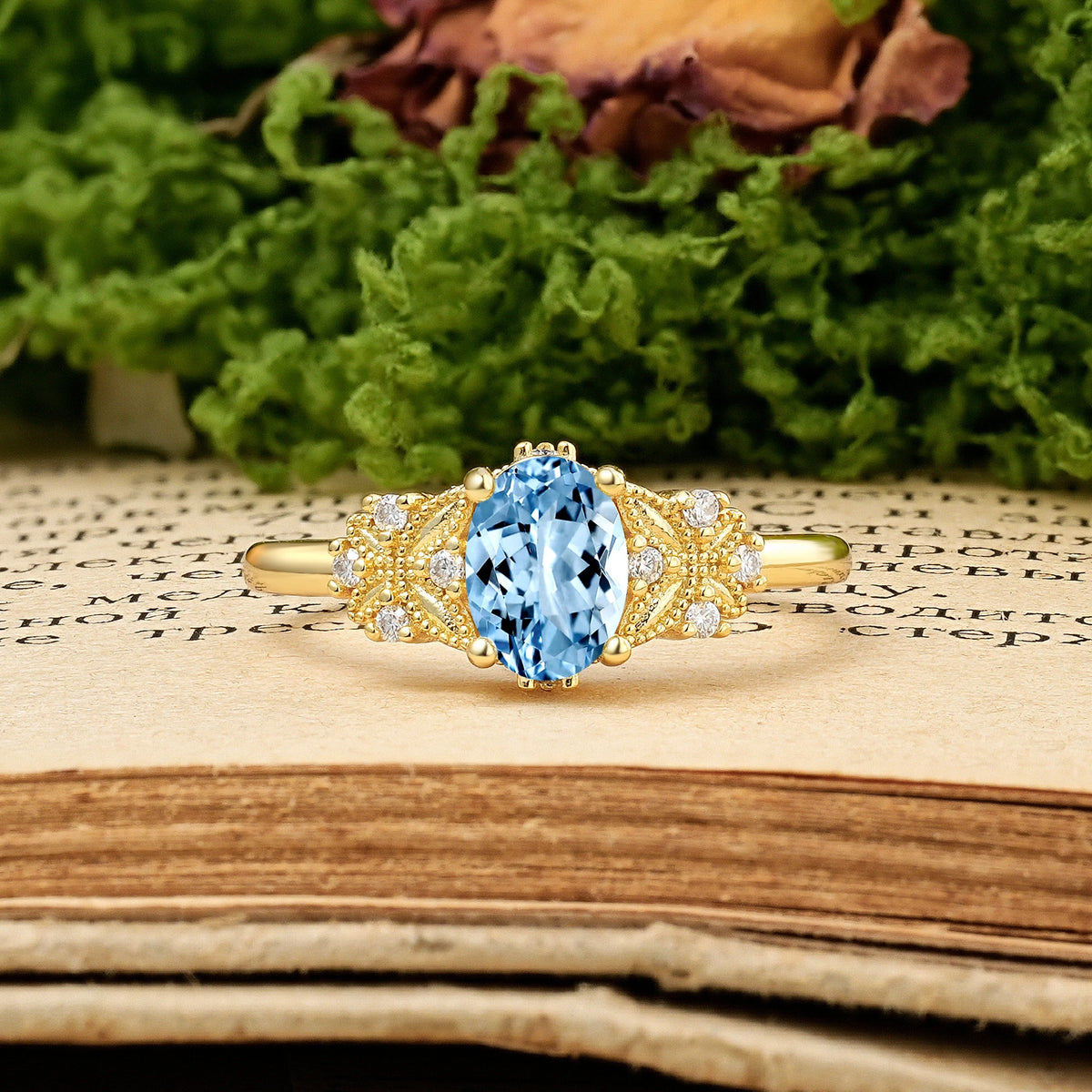 Oval Cut Aquamarine Milgrain Butterfly Engagement Ring