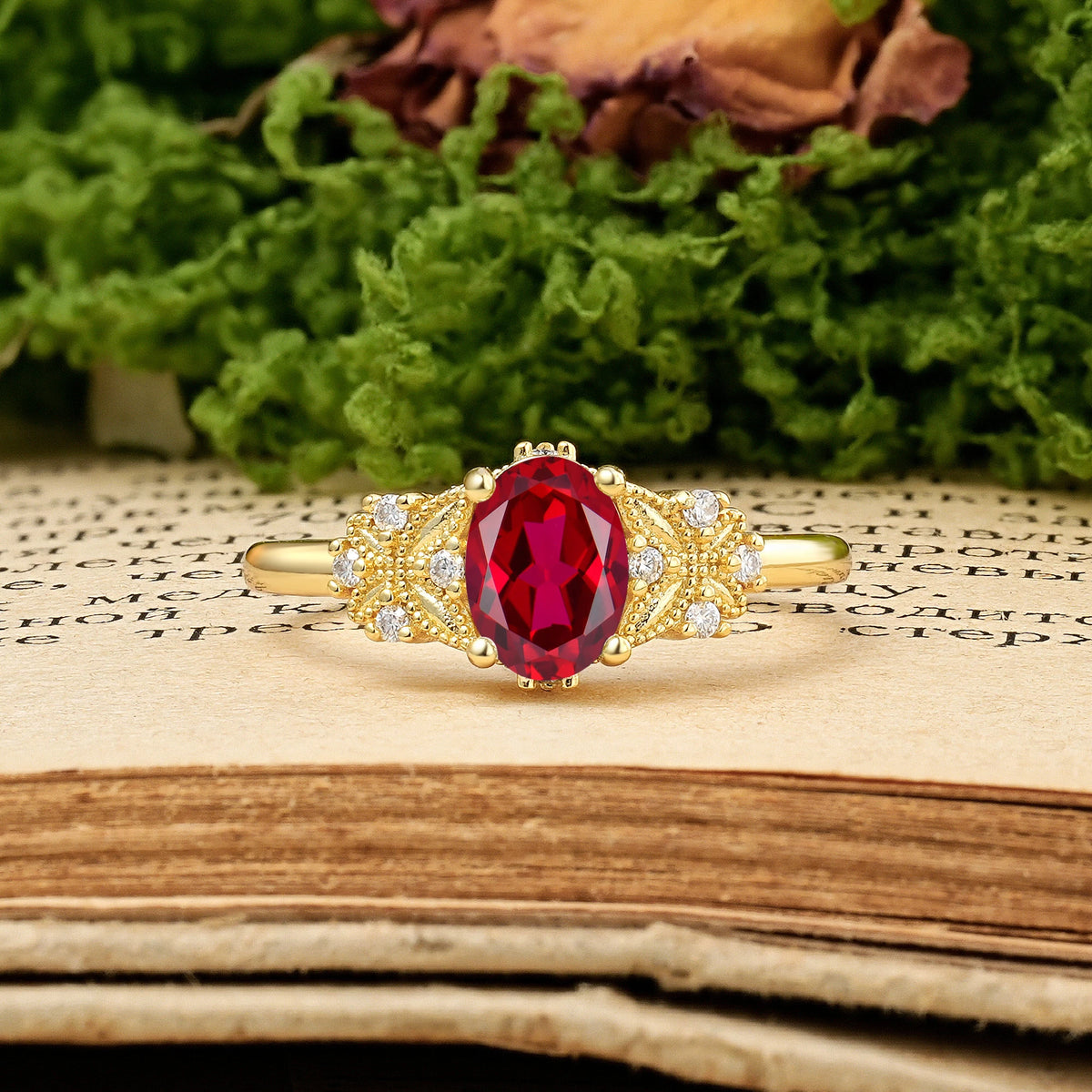 Oval Cut Ruby Milgrain Butterfly Engagement Ring