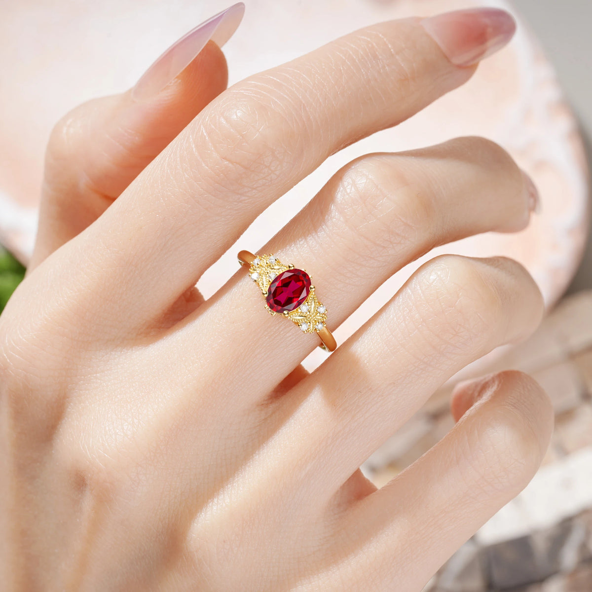 Oval Cut Ruby Milgrain Butterfly Engagement Ring