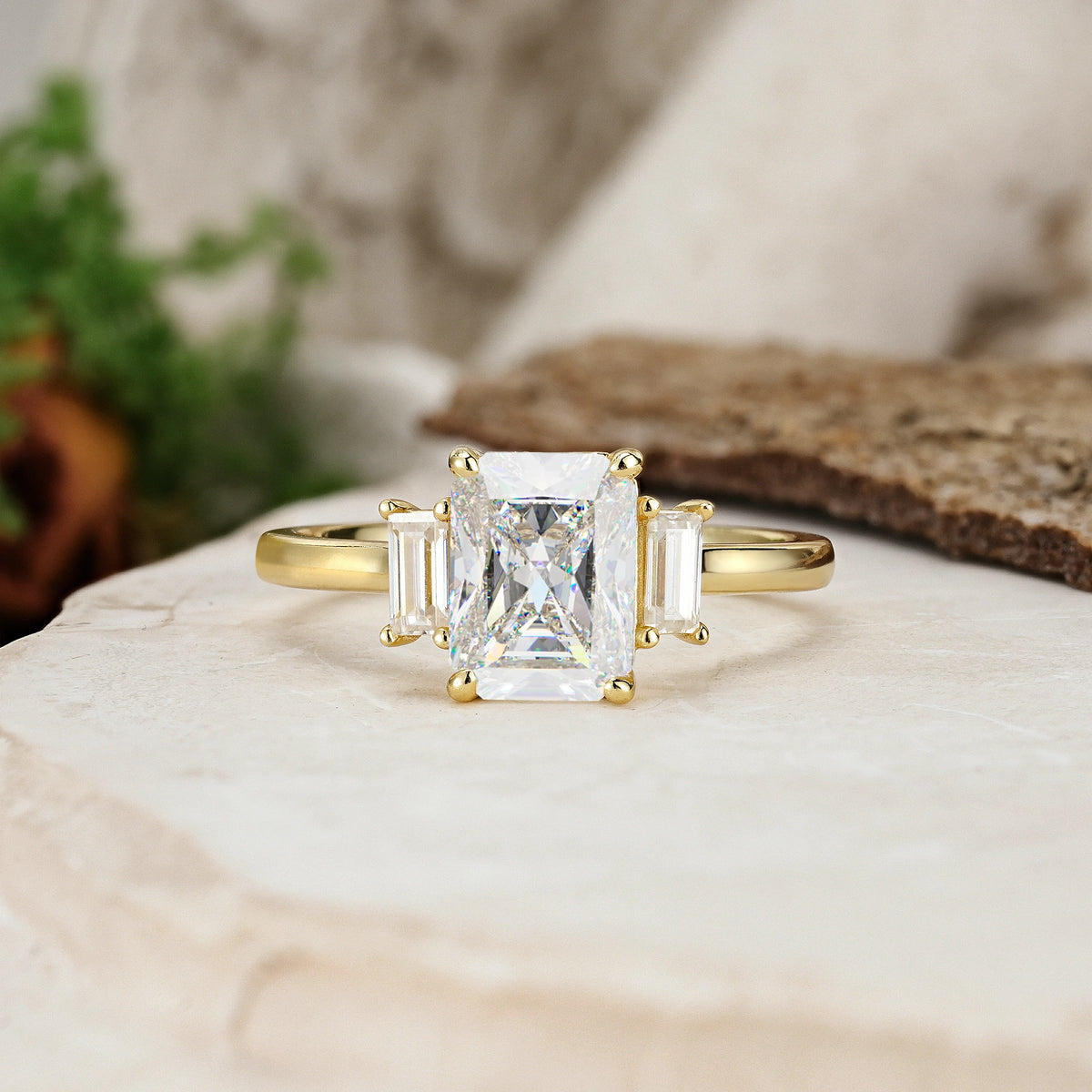 Emerald Cut Moissanite Three Stone Engagement Ring with Trapezoid Side Stones