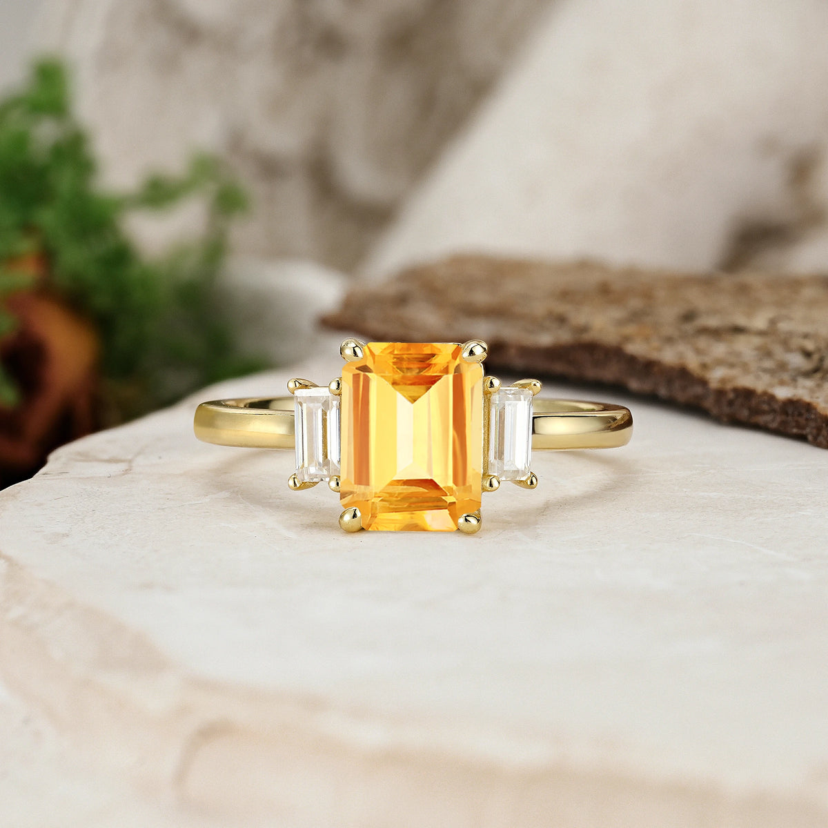 Emerald Cut Citrine Three Stone Engagement Ring with Trapezoid Side Stones