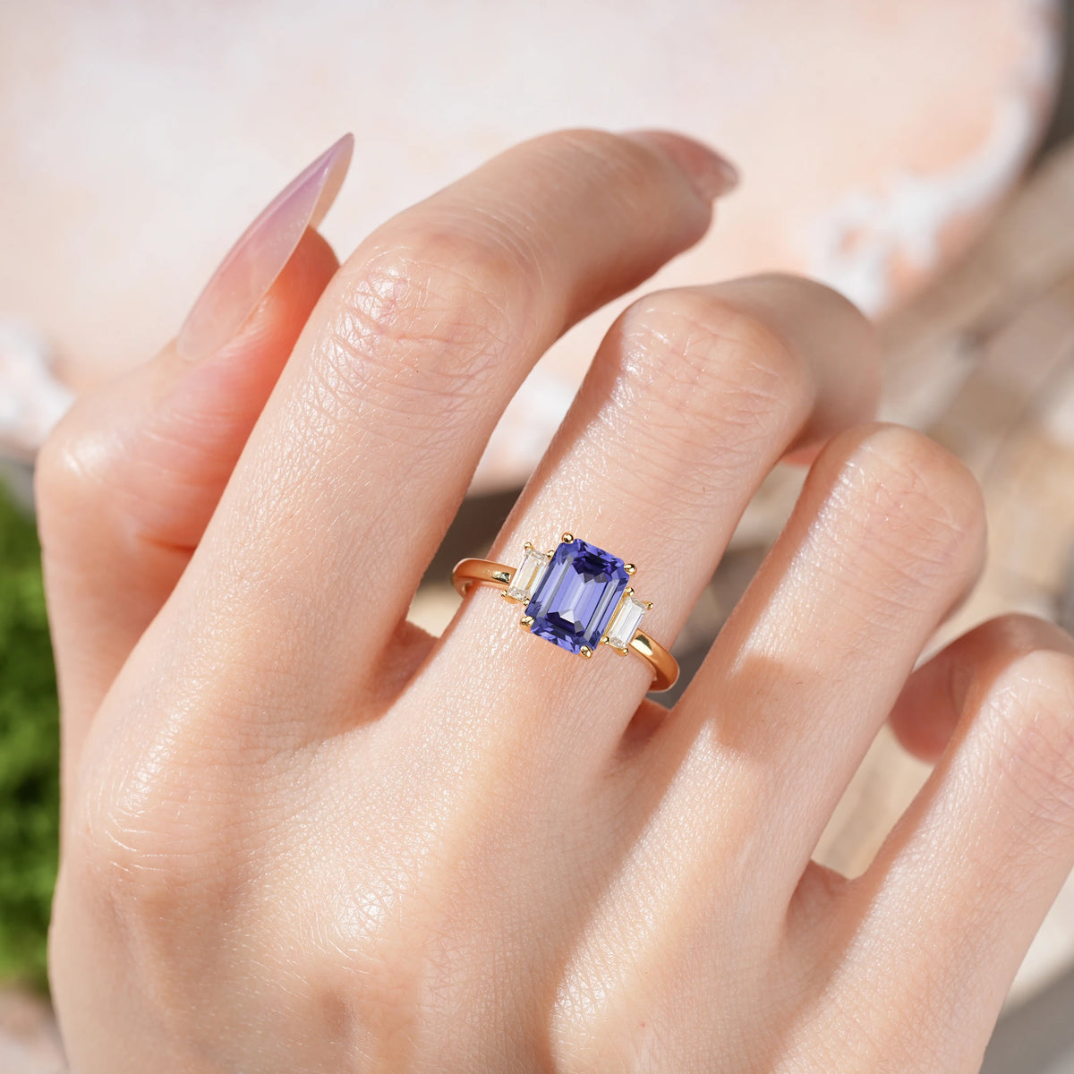 Emerald Cut Tanzanite Three Stone Engagement Ring with Trapezoid Side Stones