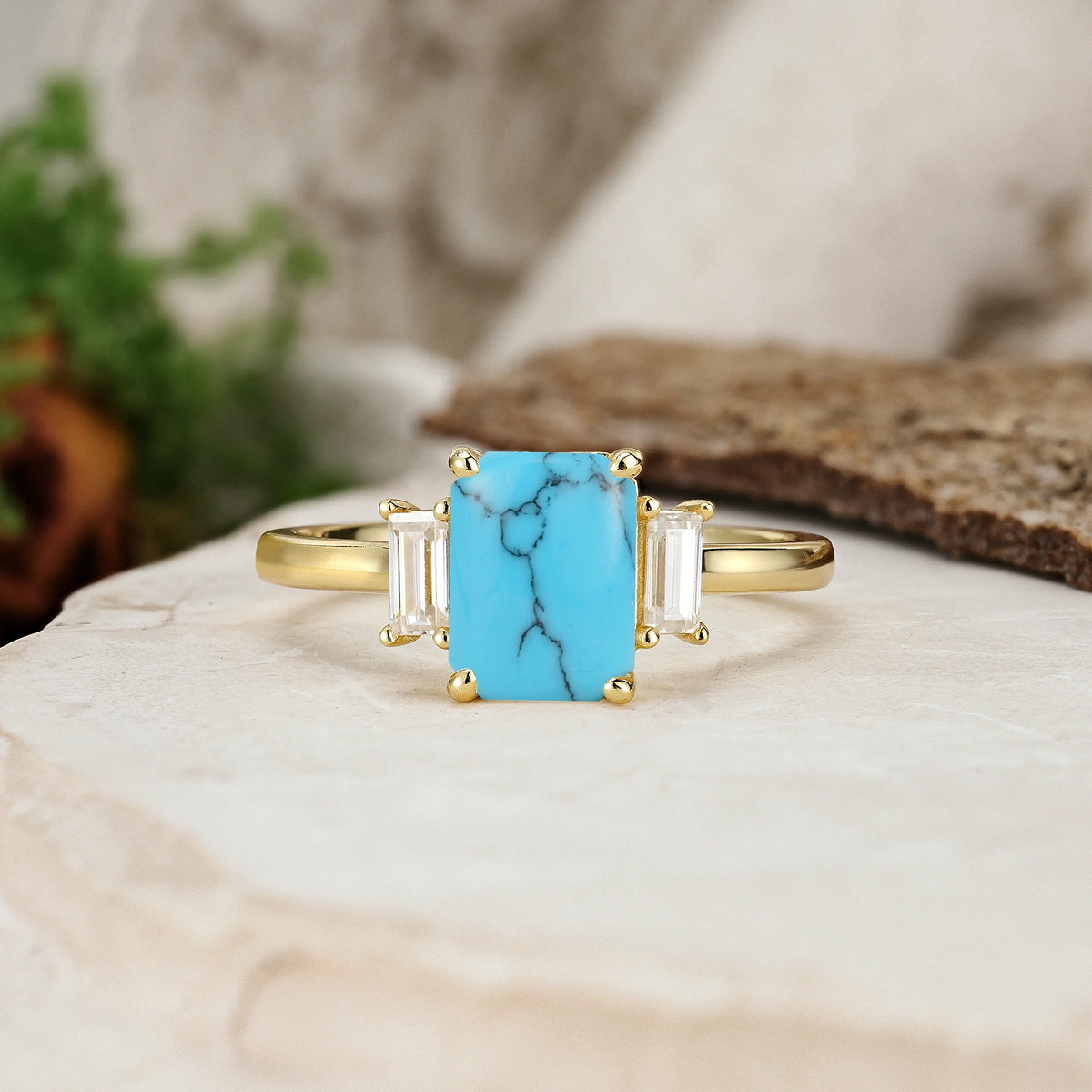 Emerald Cut Turquoise Three Stone Engagement Ring with Trapezoid Side Stones