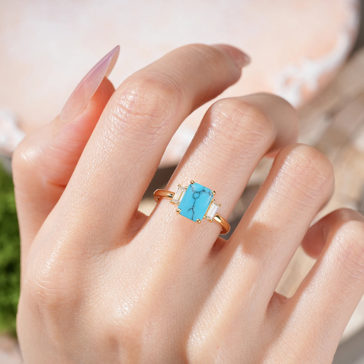 Emerald Cut Turquoise Three Stone Engagement Ring with Trapezoid Side Stones