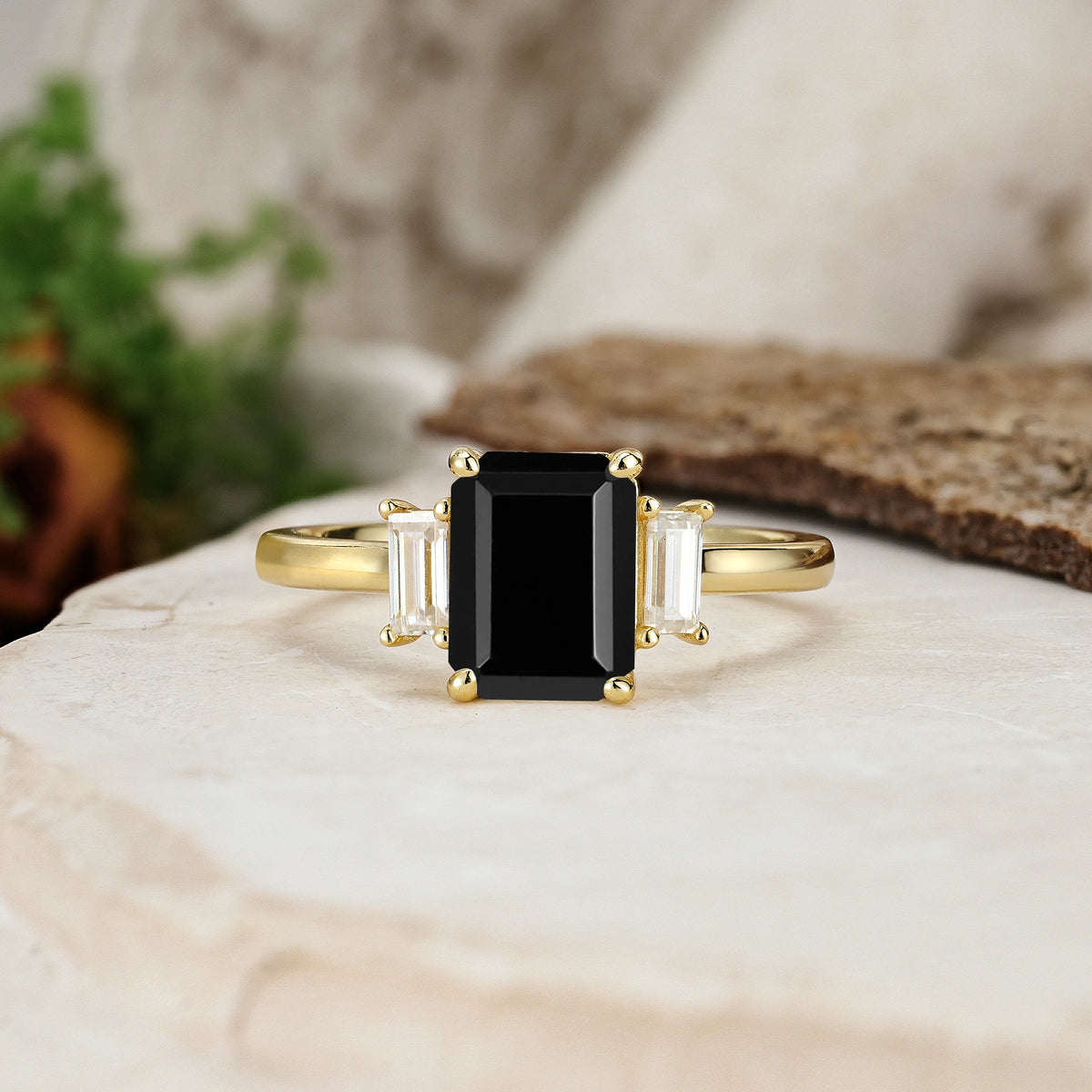 Emerald Cut Black Onyx Three Stone Engagement Ring with Trapezoid Side Stones