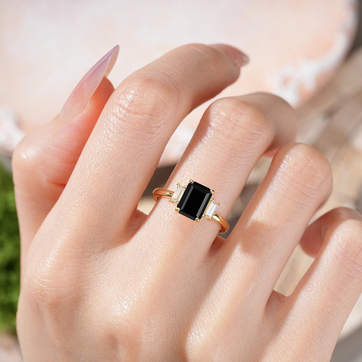 Emerald Cut Black Onyx Three Stone Engagement Ring with Trapezoid Side Stones
