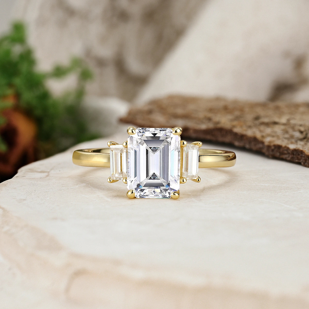 Emerald Cut Lab Diamond Three Stone Engagement Ring with Trapezoid Side Stones