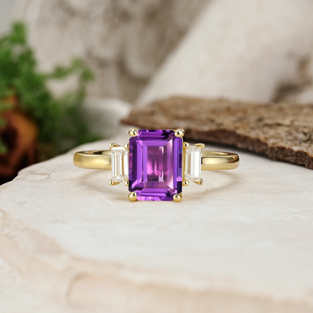 Emerald Cut Amethyst Three Stone Engagement Ring with Trapezoid Side Stones
