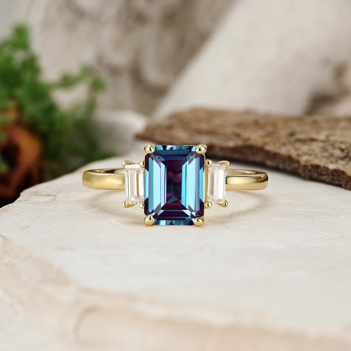 Emerald Cut Alexandrite Three Stone Engagement Ring with Trapezoid Side Stones
