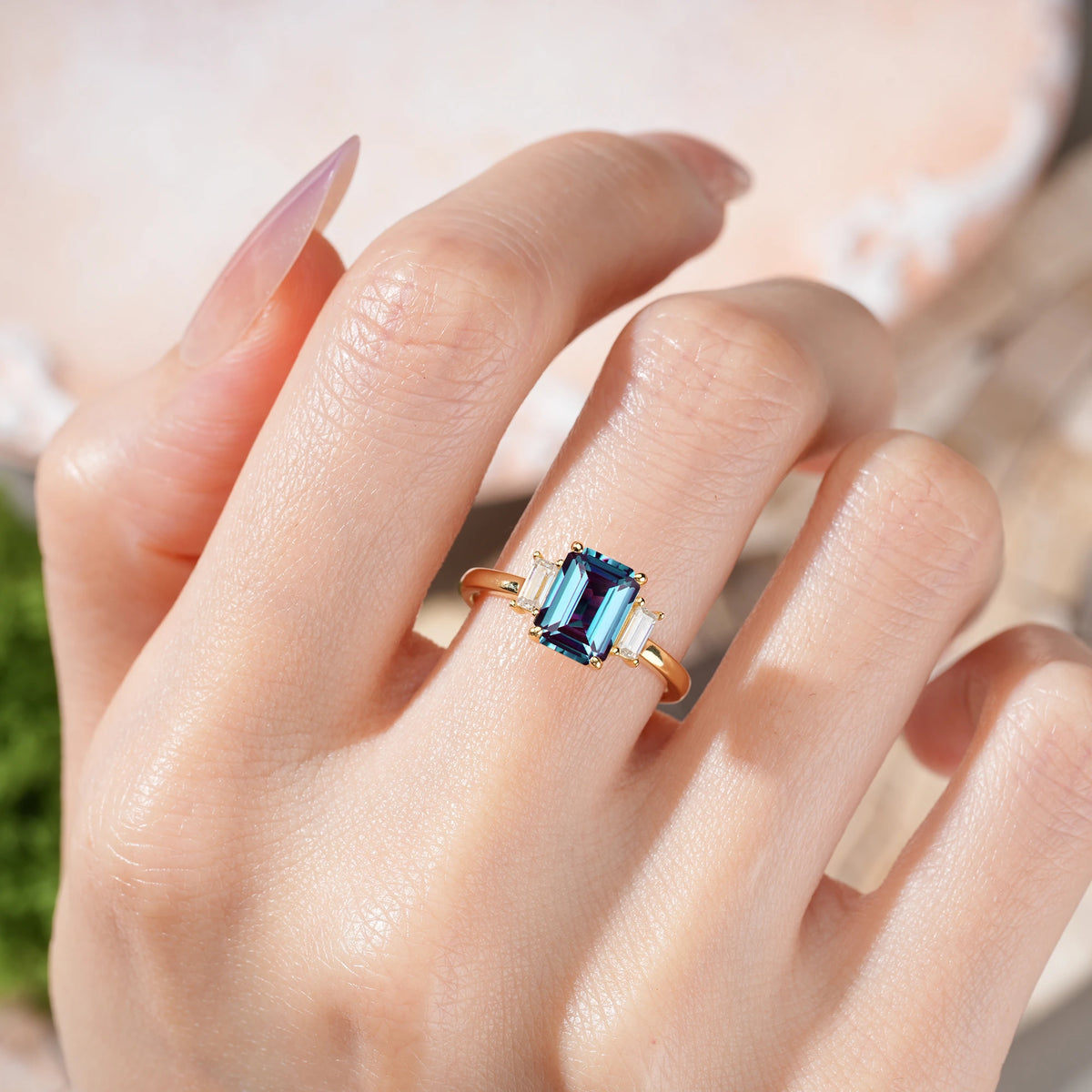 Emerald Cut Alexandrite Three Stone Engagement Ring with Trapezoid Side Stones