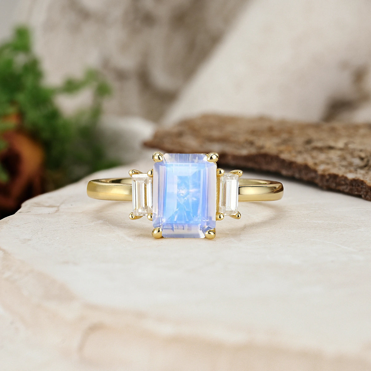 Emerald Cut Moonstone Three Stone Engagement Ring with Trapezoid Side Stones