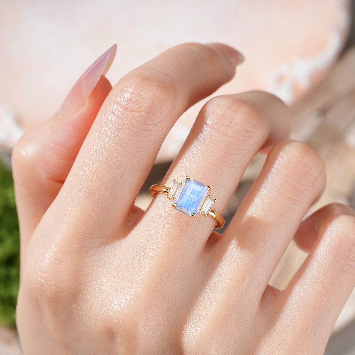 Emerald Cut Moonstone Three Stone Engagement Ring with Trapezoid Side Stones