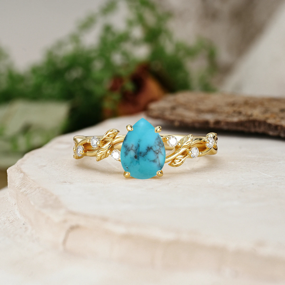 Pear Cut Turquoise Botanical Leaf Vine Engagement Ring