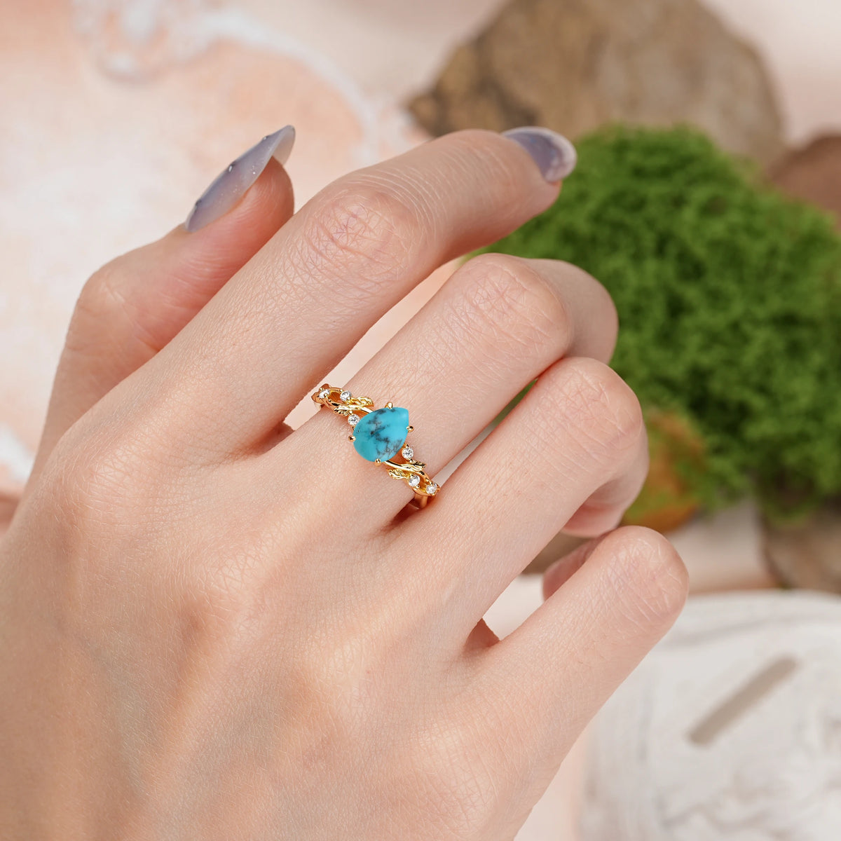 Pear Cut Turquoise Botanical Leaf Vine Engagement Ring