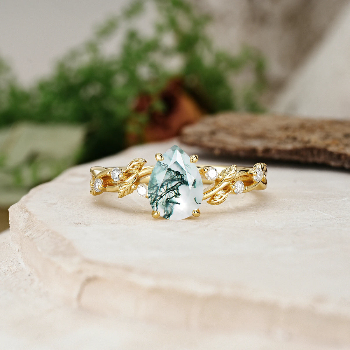 Pear Cut Moss Agate Botanical Leaf Vine Engagement Ring
