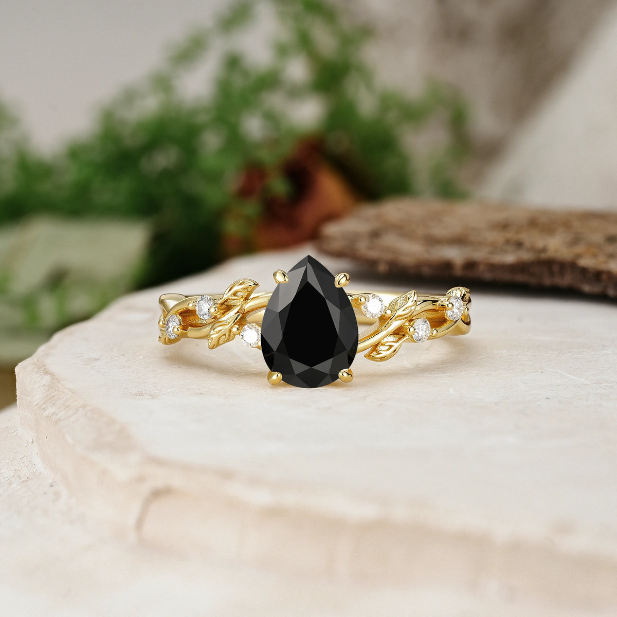 Pear Cut Black Onyx Botanical Leaf Vine Engagement Ring