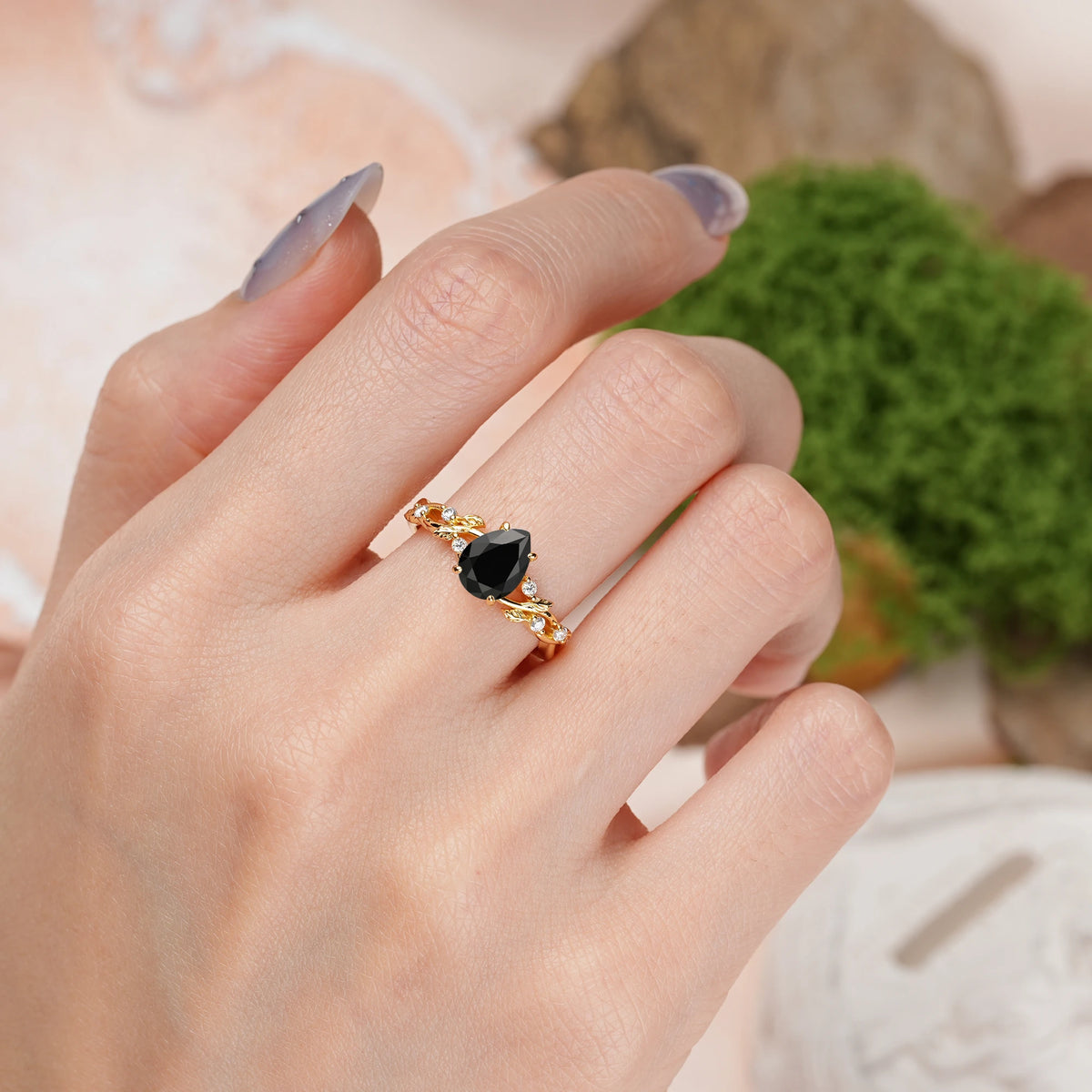 Pear Cut Black Onyx Botanical Leaf Vine Engagement Ring