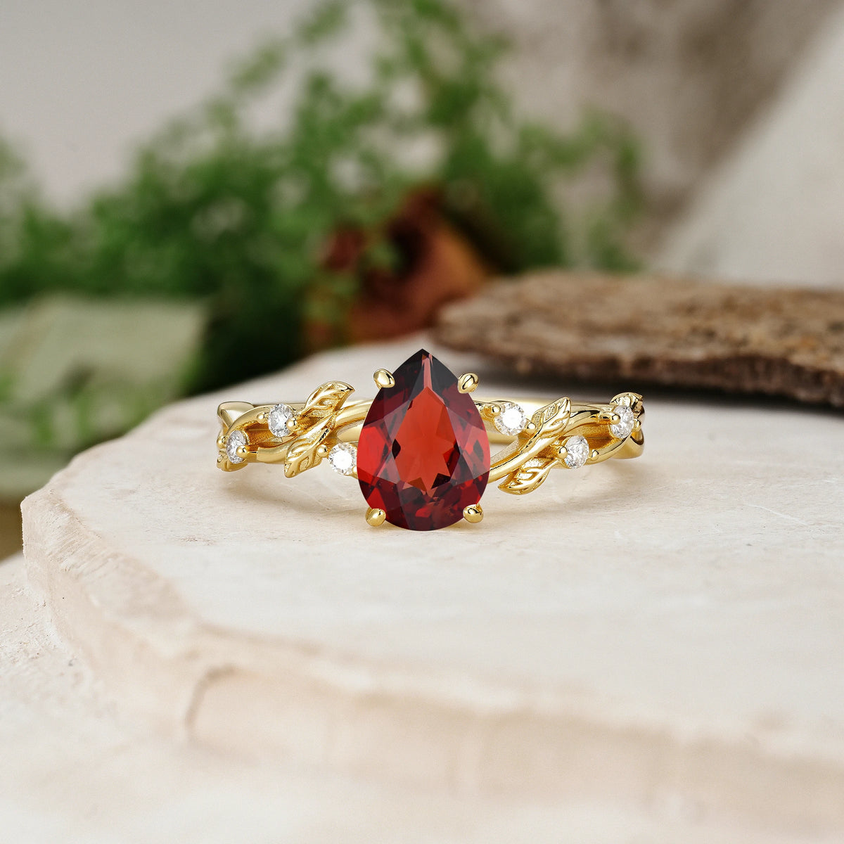 Pear Cut Garnet Botanical Leaf Vine Engagement Ring