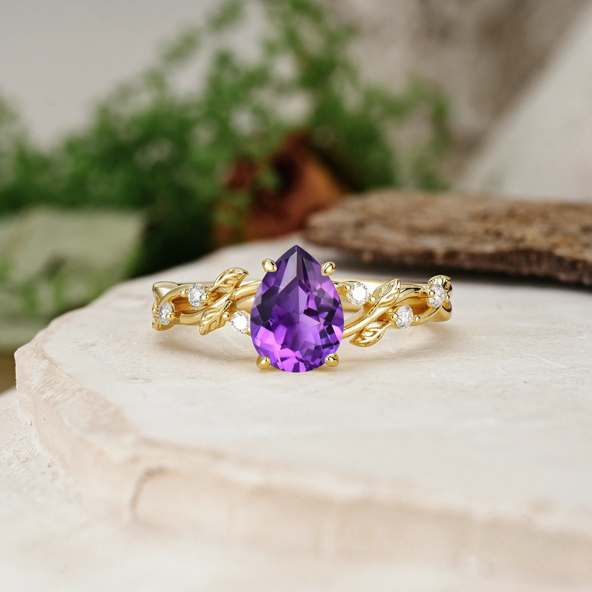 Pear Cut Amethyst Botanical Leaf Vine Engagement Ring
