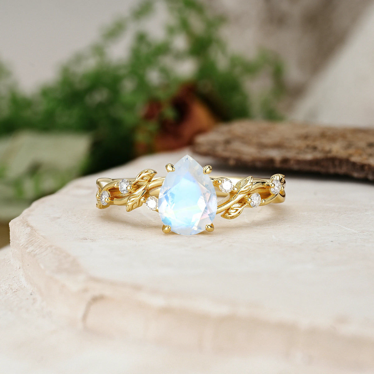 Pear Cut Moonstone Botanical Leaf Vine Engagement Ring