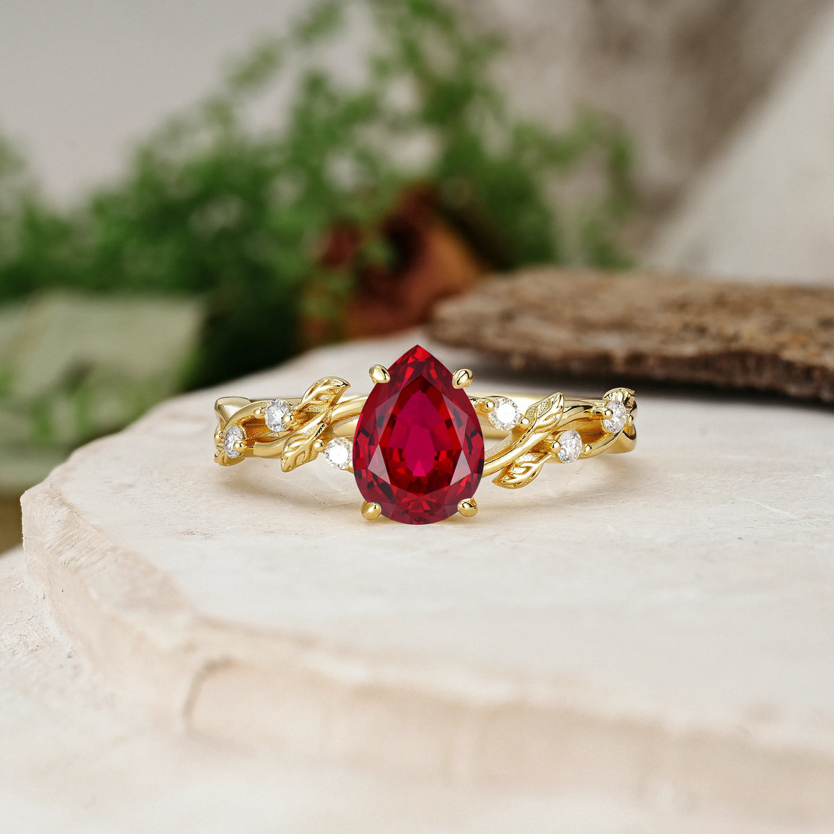 Pear Cut Ruby Botanical Leaf Vine Engagement Ring