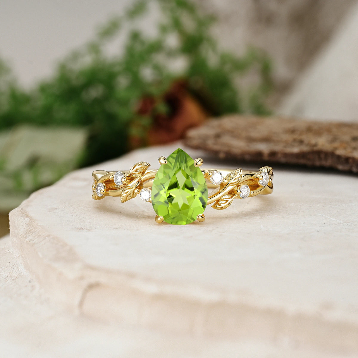 Pear Cut Peridot Botanical Leaf Vine Engagement Ring