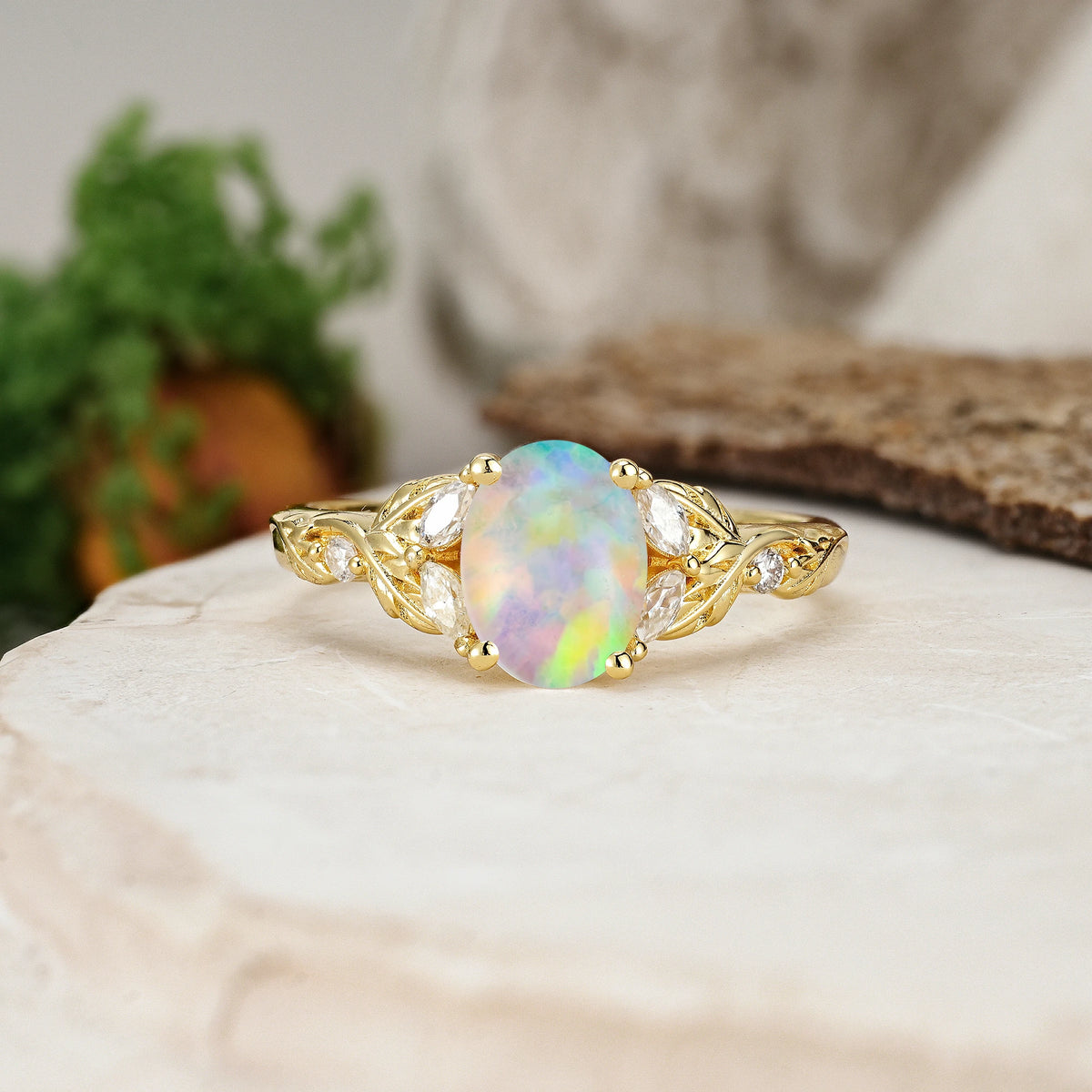 Oval Cut Fire Opal Botanical Leaf Vine Engagement Ring with Marquise Side Stones