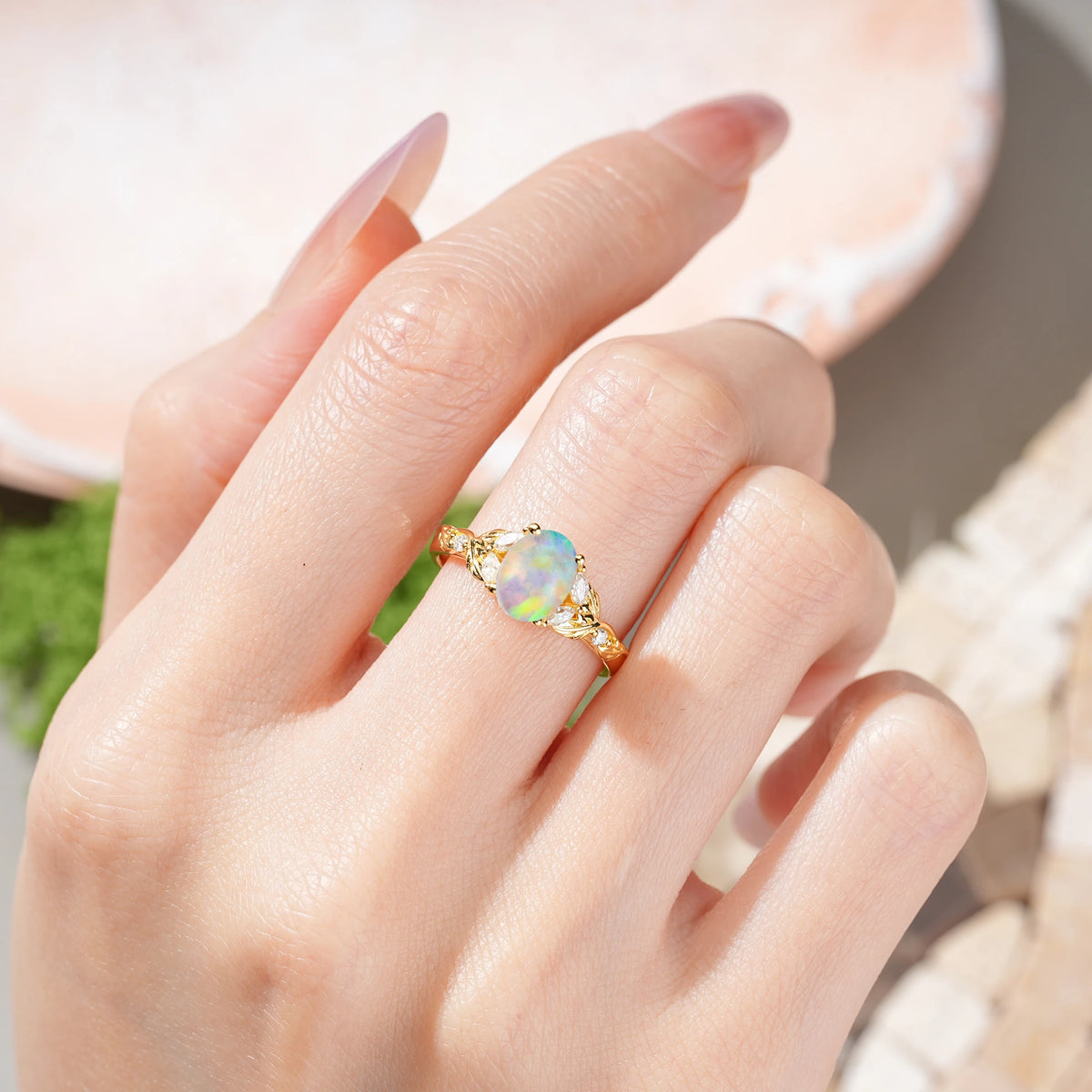 Oval Cut Fire Opal Botanical Leaf Vine Engagement Ring with Marquise Side Stones